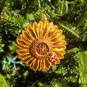 Old World Christmas Glass Blown Sunflower Ornament with Ladybug 4" Glitter